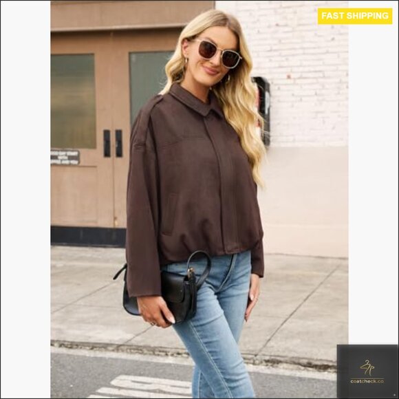 Faux Suede Bomber Jacket Cropped Oversized Aviator Style Casual Chic - Picture 6 of 7